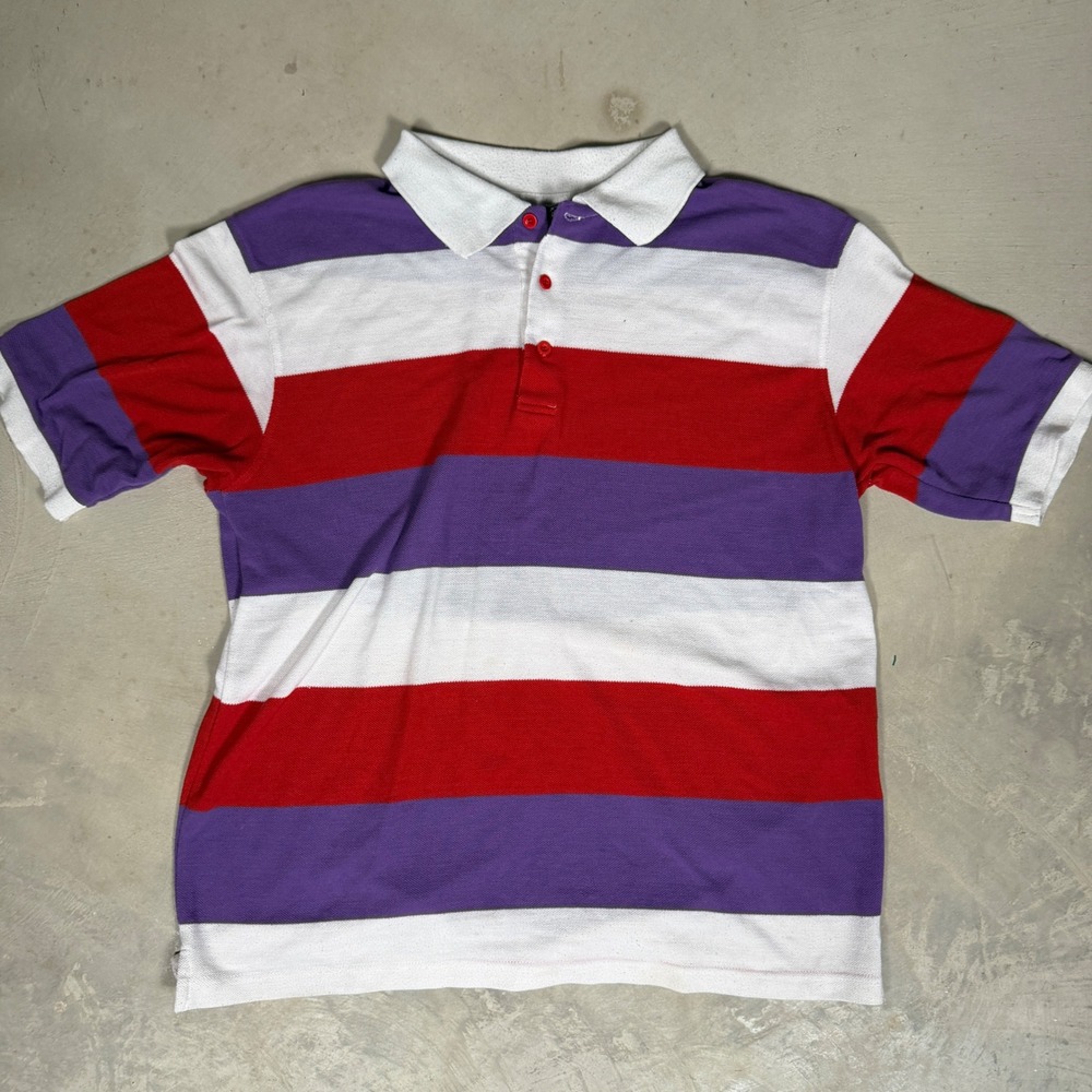 Urban Label Mens 2XL Striped Polo‎ Shirt Purple Red White Short Sleeve Pique